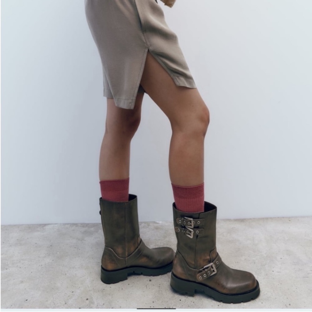 41. ZARA WOMEN'S FLAT BIKER BOOTS WITH BUCKLES BROWN